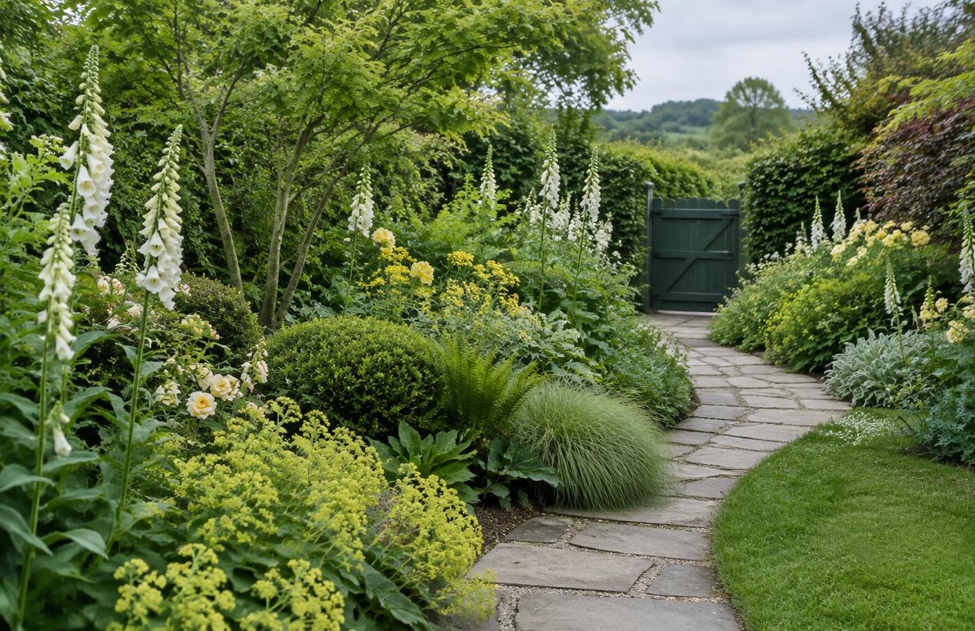 A planted garden path leading to a green gate